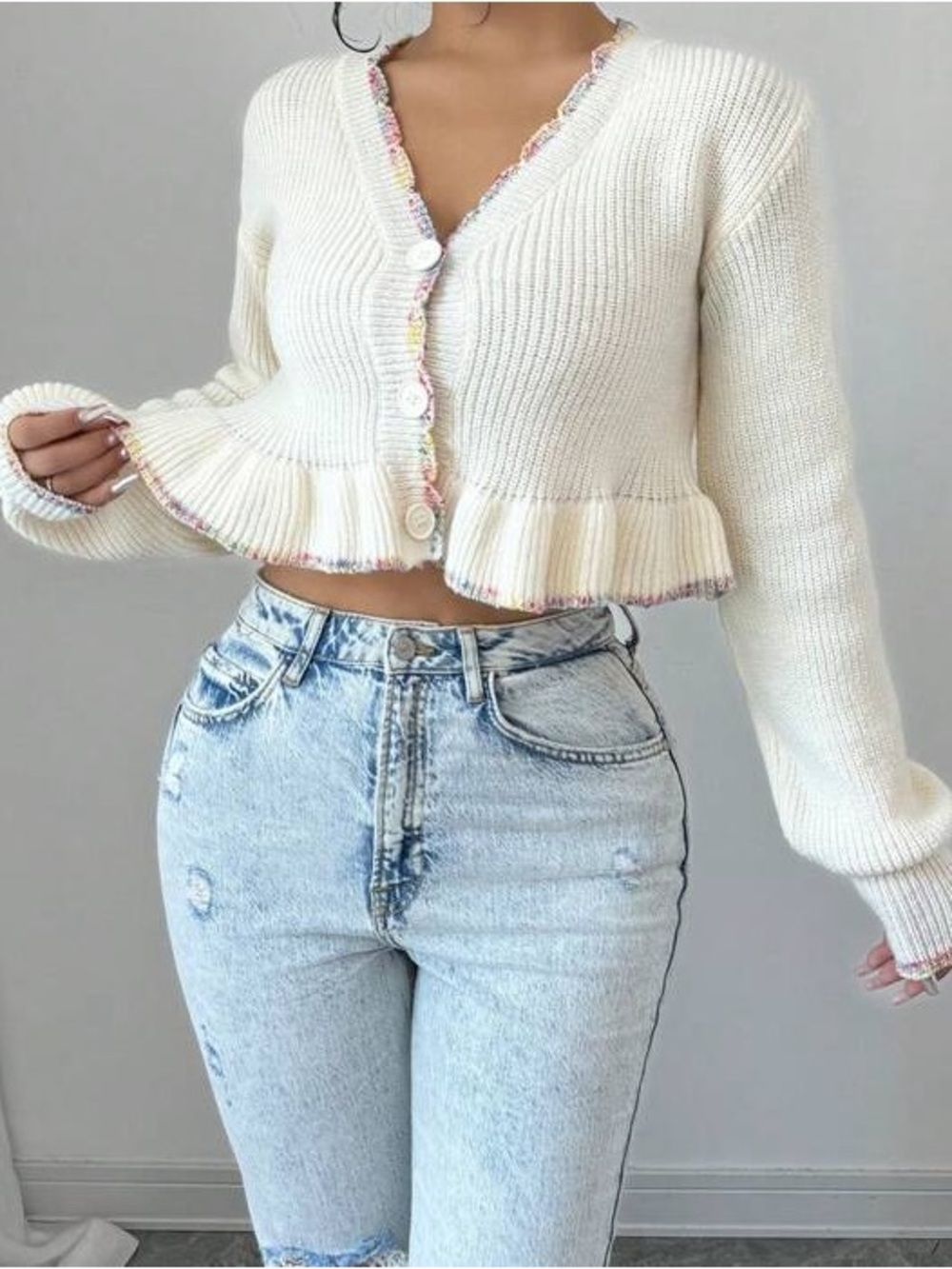 SHEIN Cream Ruffled Hem Knit Cardigan with Multicolor Trim